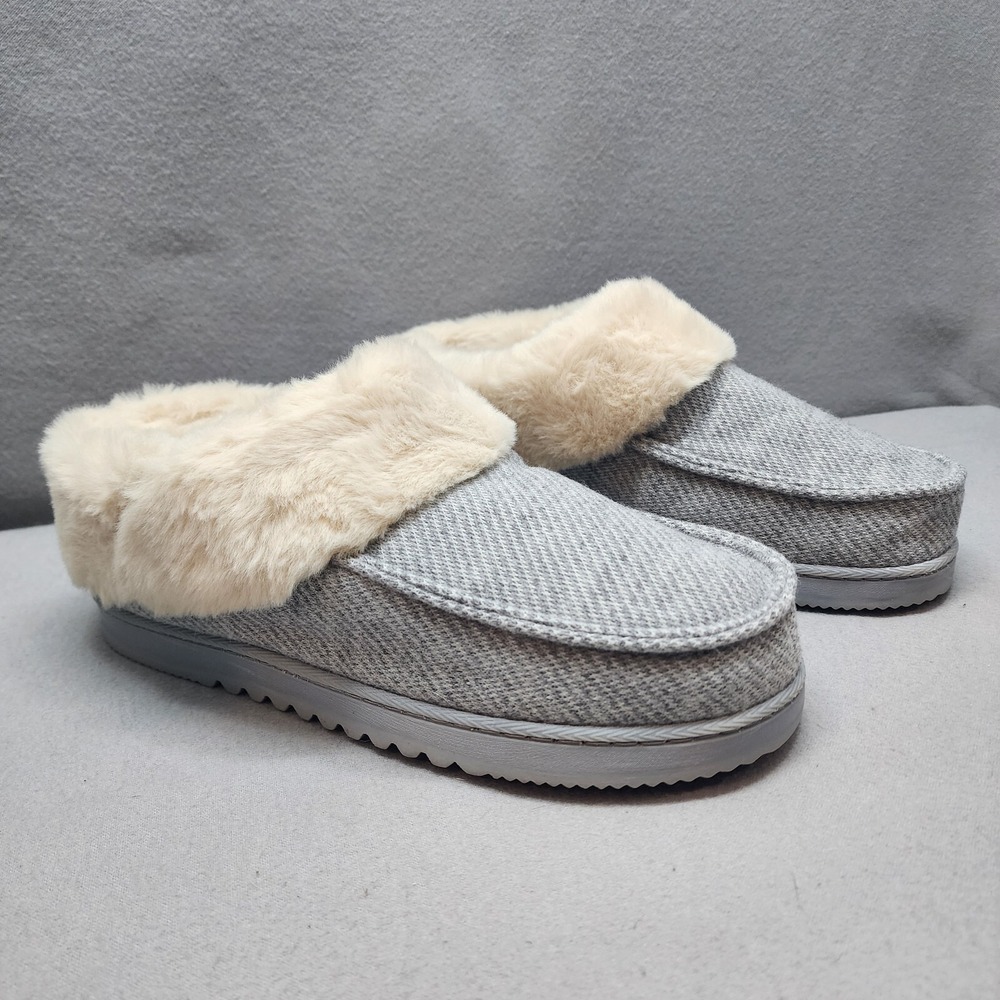 Dearfoams Slipper Grey Faux Fur Knit Moccasin Womens Size Large 9-10